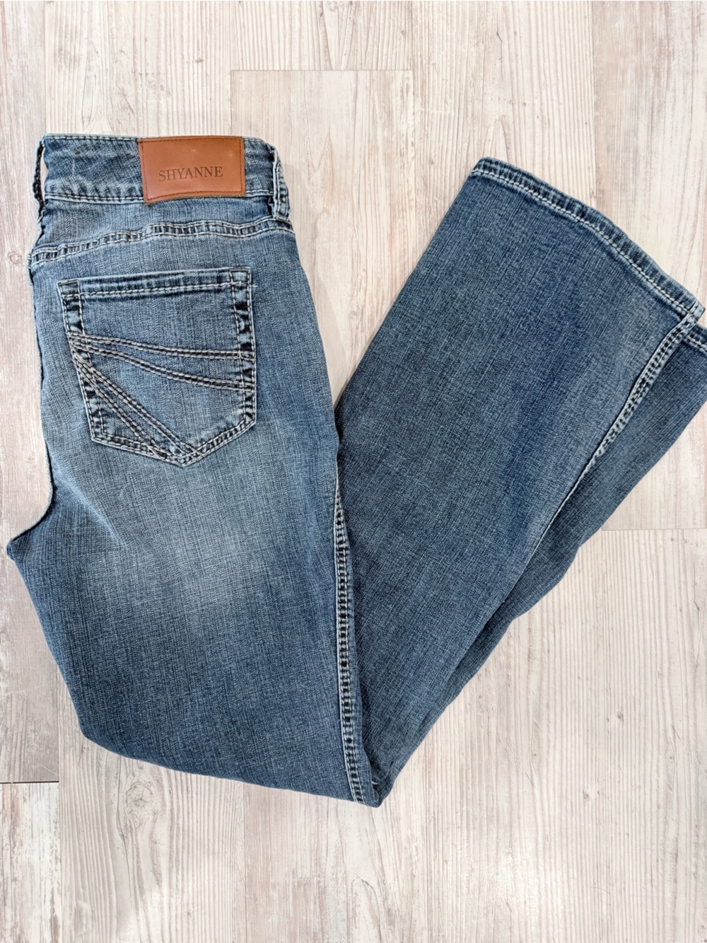 Shyanne Women's Blue Bootcut Jeans with Leather Patch